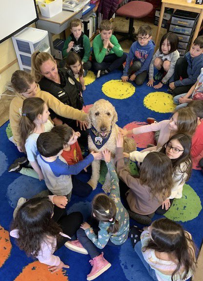 Finley, the therapy dog 🐕, really made our last day before break full of ☮️ and joy! @LancasterCSD @MollyMarcinelli