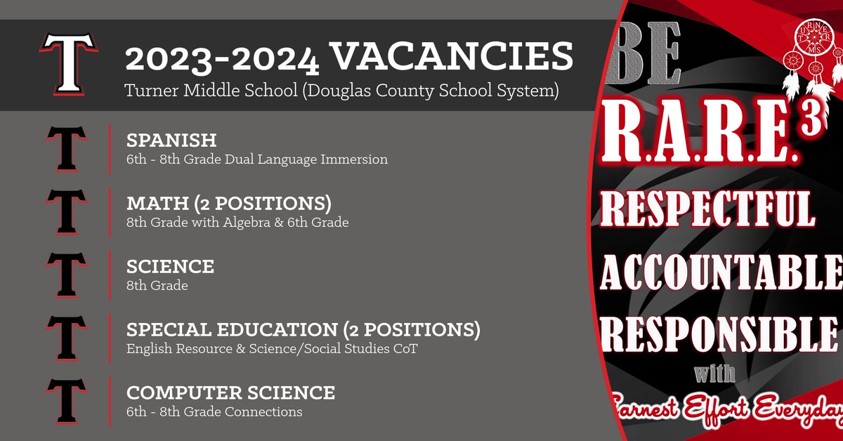 We have several openings for the 23-24 school year.  If you want to take advantage of Spring Break to interview, please reach out to John Chandler, Principal, at john.chandler@dcssga.org.  Our team is waiting on YOU!