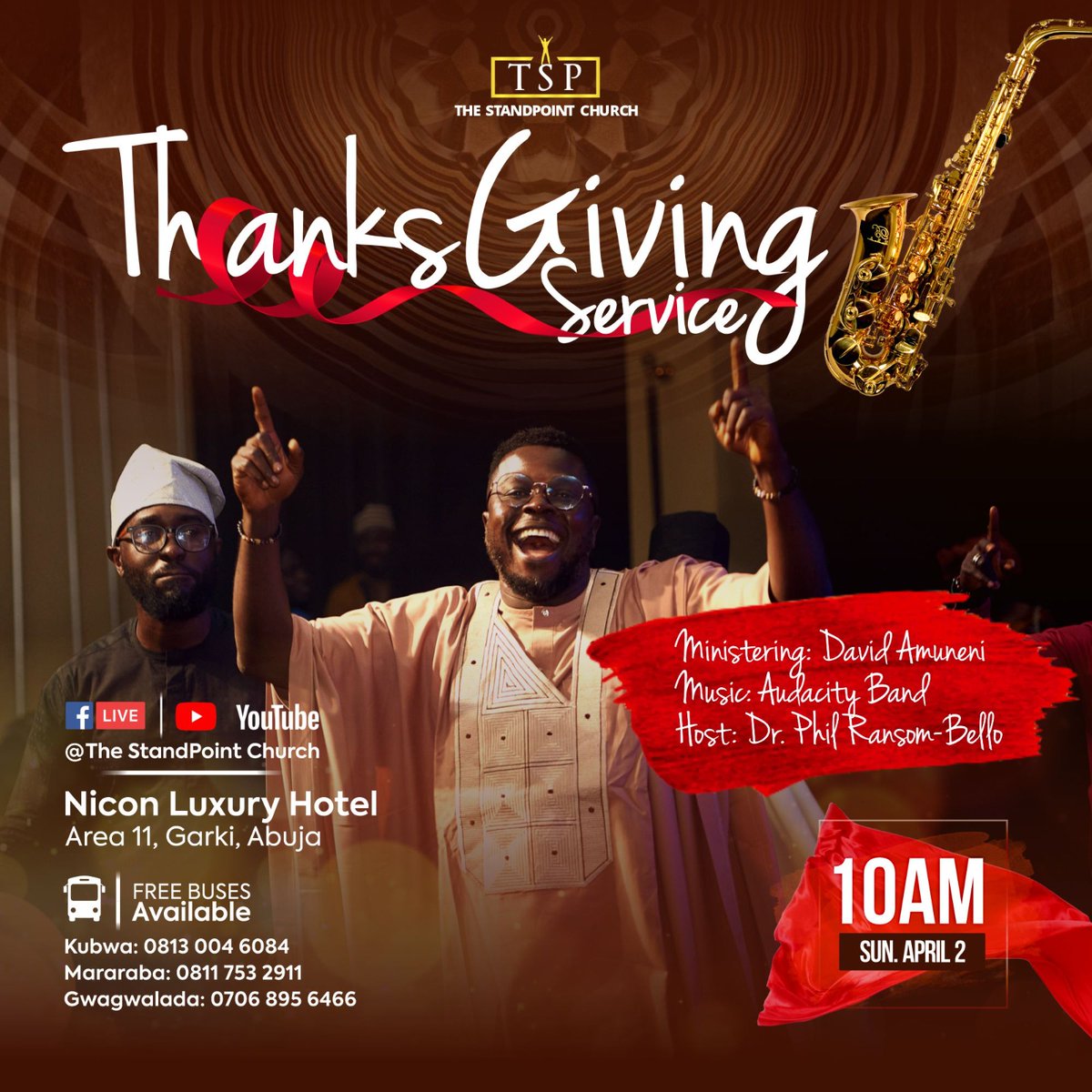 Hello Family!
Join us this Sunday for our Special Thanksgiving Service... 💃🏽🕺🏽
Come and give God Praise in Advance for the month of April!
Ministering: David Amuneni, <a href="/TSPAudacity/">AudacityMusic</a> and <a href="/DrPhilBello/">Dr. Phil Ransom-Bello</a>...
---
Nicon Luxury Hotel, Abuja // 10AM
#CHRiSTamplified