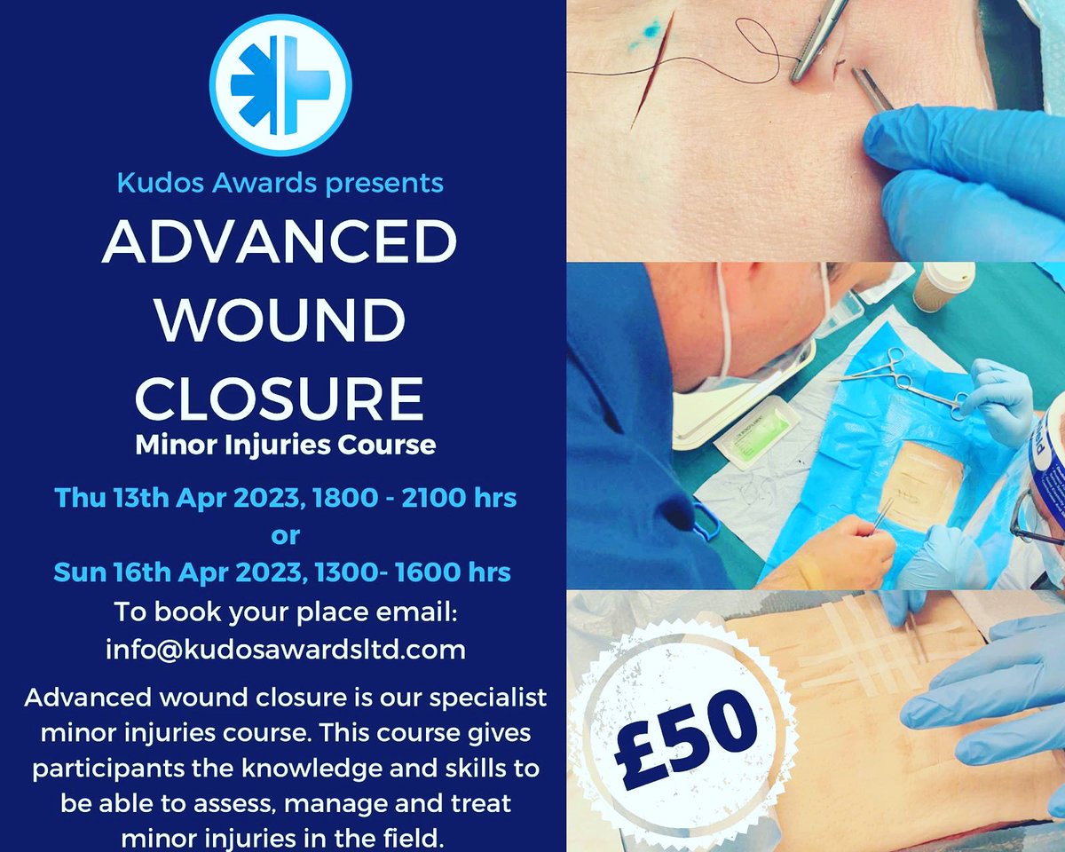 Kudos Awards Presents our Advanced Clinical Skills Minor Injury Course. Learn the skills necessary to close a variety of wounds. This course is designed to meet the needs of any prehospital clinician. Using real skin tissue, no plastic or foam pads.