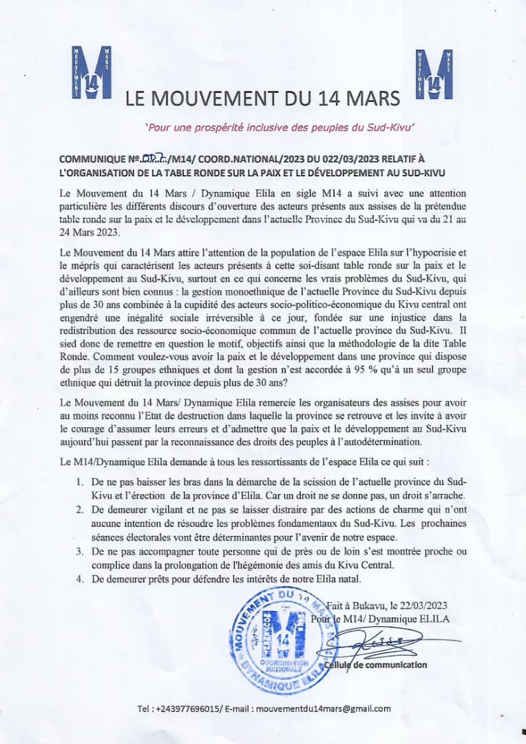 Honneurdavid1's tweet photo. Le débat sur la scission du #Sud_Kivu en deux provinces n'est pas encore terminé. Le Mouvement du 23 Mars (#M14) appelle à "ne pas baisser les bras" jusqu'à la création de la province d'#Elila. @NehemieMwilanya @RubotaF https://t.co/VNR4wP9JEe