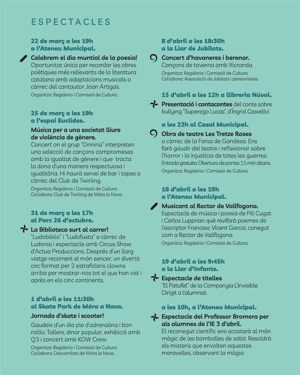 🎭 JORNADES CULTURALS I DE TRADICIONS 

🗓️ Del 22 de març fins al 30 d’abril podreu gaudir de tallers, exposicions, concursos, projeccions, festivitats, xerrades, conferències i espectacles.

Organitza l’Ajuntament de Móra la Nova.