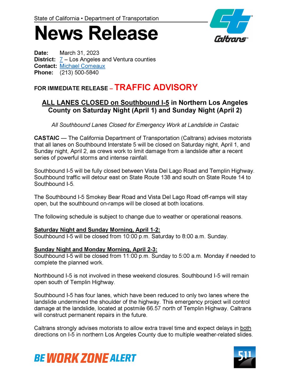 Caltrans District 7 on Twitter "🚧🚧🚧 SOUTHBOUND I5 FULL CLOSURE