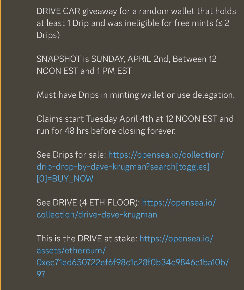 DRIP DROP holders - Snapshot tomorrow! Be ready, full info in my discord, link in thread. TLDR; free edition claims for 3, 5, 10 Drips. DRIVE car to random Drip holder. 1/1 work for top Drip holder :) claim opens Tuesday for 48 hrs.