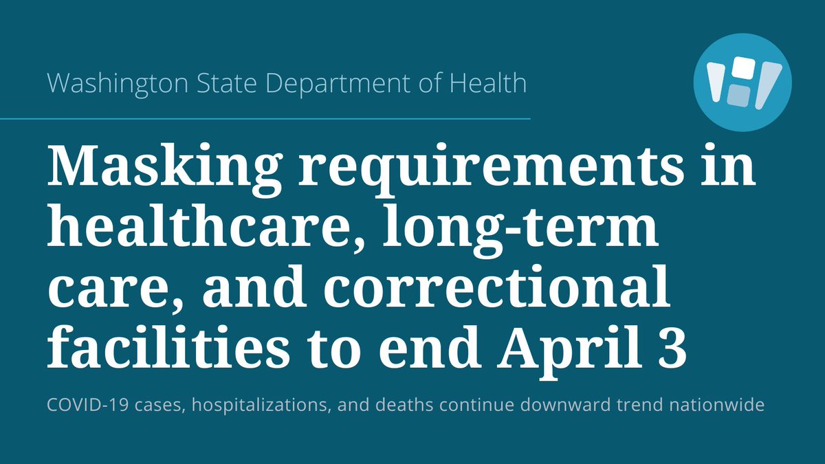 WADeptHealth's tweet photo. The current Secretary of Health Mask Order remains in place until 11:59 pm on April 2. Local or tribal governments, facilities, and providers may continue requiring masks in these or other settings.

Read more at https://t.co/iBV5tQtM72 https://t.co/GjNbxy2zEE