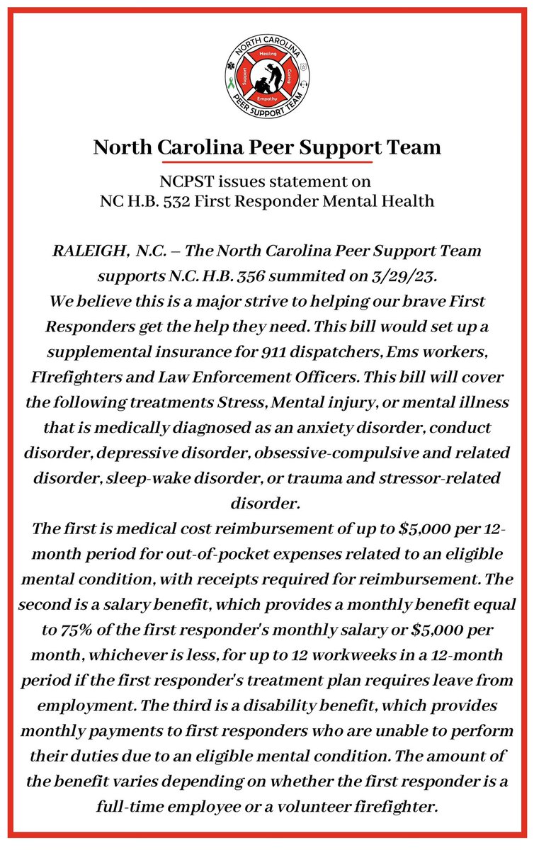 NCPeerSupport's tweet photo. Support HB532!  email admin@ncffps.org for a sample letter 

@raleighpolice @WakeCountyEMS @CharlotteFD @OSFMmike @NC_OSFM @NCSFA https://t.co/NMbZgZgUl7