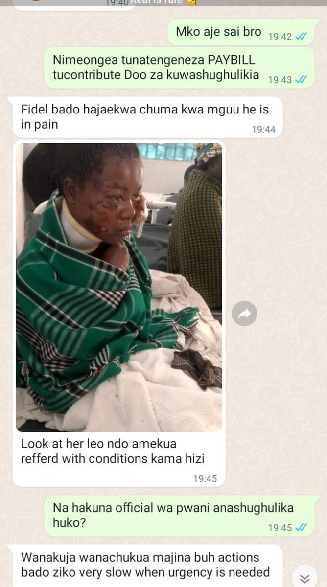 OnyangoKen4's tweet photo. Pwani university comrades who had an accident are really suffering in various hospitals they were admitted due to lack of cash to pay for their good check ups and treatment please reach out through relevant persons to assist them  🙏 #ARSLEE #LIVMCI #CheAvl
@pwani university https://t.co/VtDcYIK2If