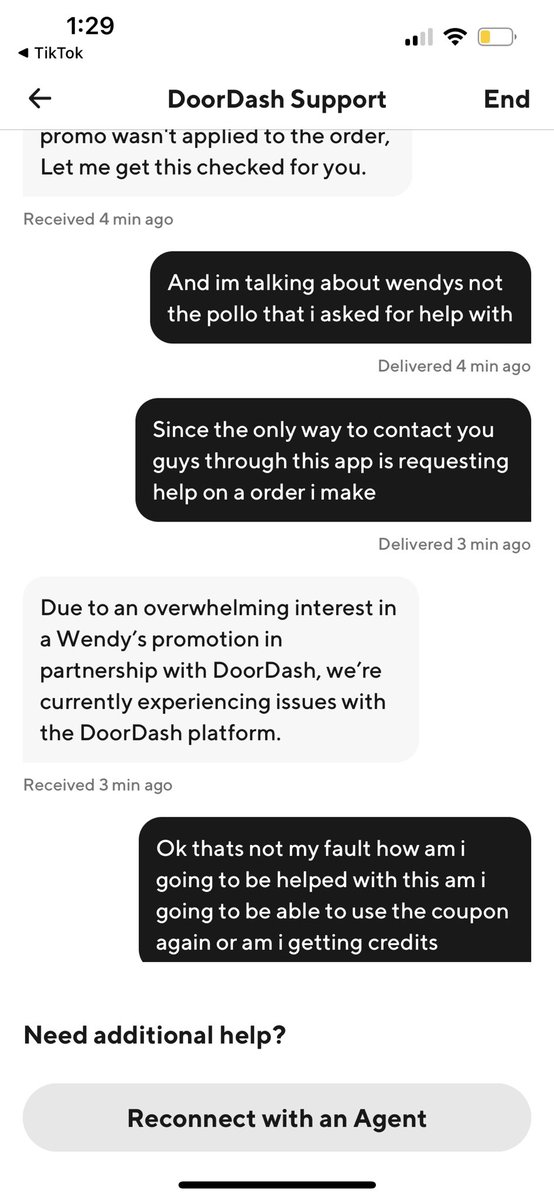 IBarban's tweet photo. @DoorDash_Help @Wendys You best believe im never using doordash again after this. I have been on hold since yesterday and to not even be helped and just dropped like that by this agent is ridiculous. https://t.co/4b5fcS029n