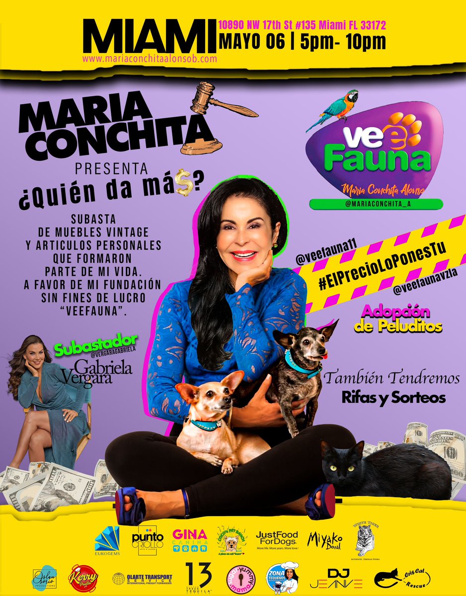 MariaConchita_A's tweet photo. #mayo6 no t pierdas el evento benéfico del año n #Miami d #veefauna #quiendamas? TODO lo recaudado será para ayudar a los animalitos en #Venezuela. Subasta d muebles vintage d mi mamá y míos, rifas, música, adopción d perritos y gaticos, bebidas, comida vzlana, japonesa y paella! https://t.co/6oTyyMngOC