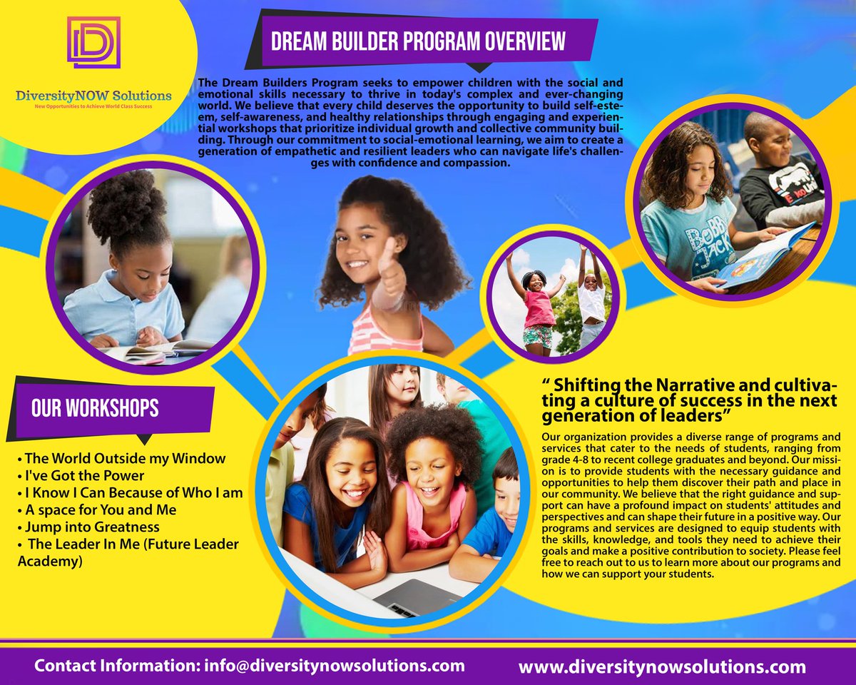 DiversityisNOW's tweet photo. Diversityisnow presents the Dream Builders© program!! This program is specifically designed for students in grades 4-8. 

We are shifting the narrative and cultivating a culture of success in the next generation of leaders. https://t.co/9YEvN2XTbu https://t.co/MIhR46Io30
