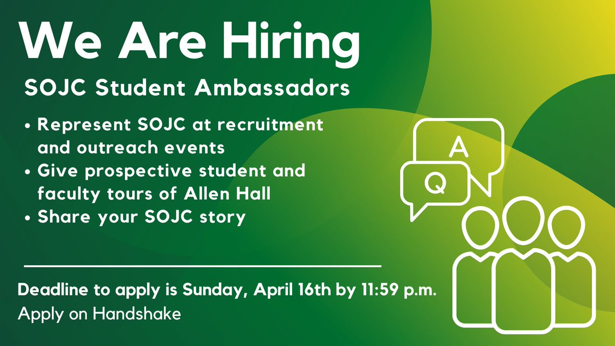 The SOJC is hiring student ambassadors! For more information about the role and to apply, follow the link below.
app.joinhandshake.com/stu/jobs/77089…
<a href="/UOsojc/">UO Journalism & Comm</a> #lifeasajstudent