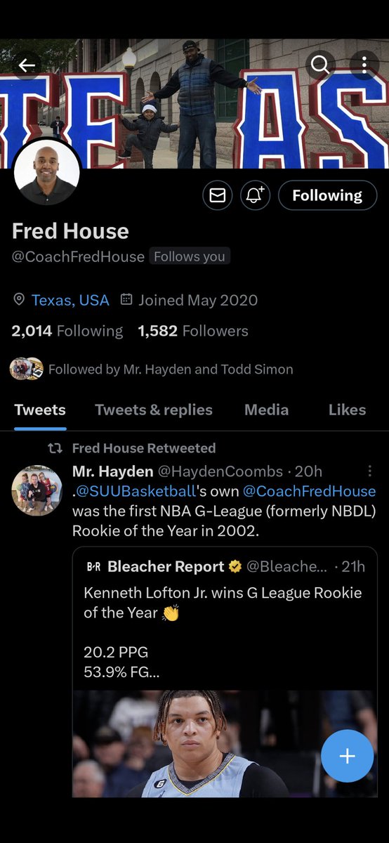 What is even happening?  One of my sports heroes from my time at SUU just followed me on Twitter? 

 <a href="/CoachFredHouse/">Fred House</a> is a Tbird Legend. 

So many enjoyable nights watching him sky towards the rim, usually after a ridiculous pass from Monaco.

Hope your life is amazing Coach.