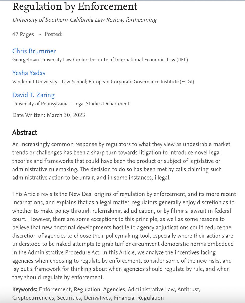 “Is Regulation by Enforcement Legal?”

I did some digging with my coauthors <a href="/Wharton/">The Wharton School</a>'s  <a href="/ZaringDavid/">David Zaring</a>  and <a href="/vanderbiltlaw/">Vanderbilt Law</a>'s Yesha Yadav in a big paper we're publishing with <a href="/SCalLRev/">Southern California Law Review</a>.
 
What we found was surprising.

papers.ssrn.com/sol3/papers.cf…
