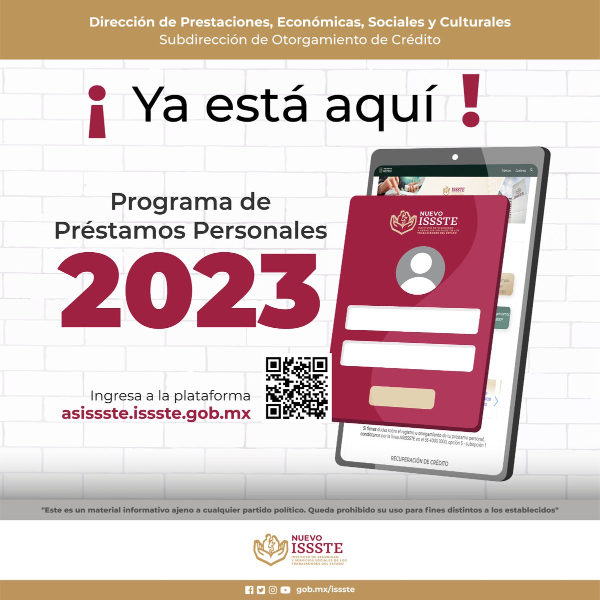 ISSSTE_mx's tweet photo. ¡Ya están aquí!

Los préstamos personales 2023.
Recuerda, ingresa a la plataforma https://t.co/PAjiSulK3l.

Tienes del 3 al 9 de abril para hacerlo.
#PréstamosPersonales https://t.co/DzFnEm127M