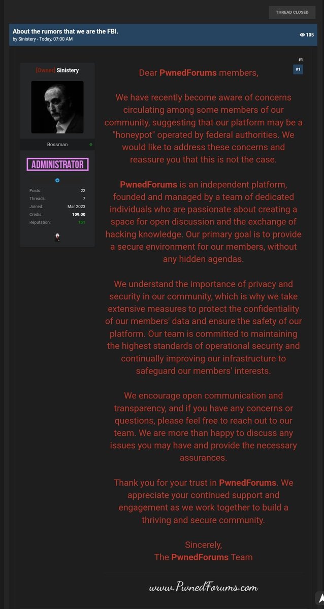 SOSIntel's tweet photo. Owner of #Pwnedforums addresses concerns that they are the FBI and their forum a honeypot. Post dated today, 1st of April 2023. https://t.co/A8OHBbMeh8