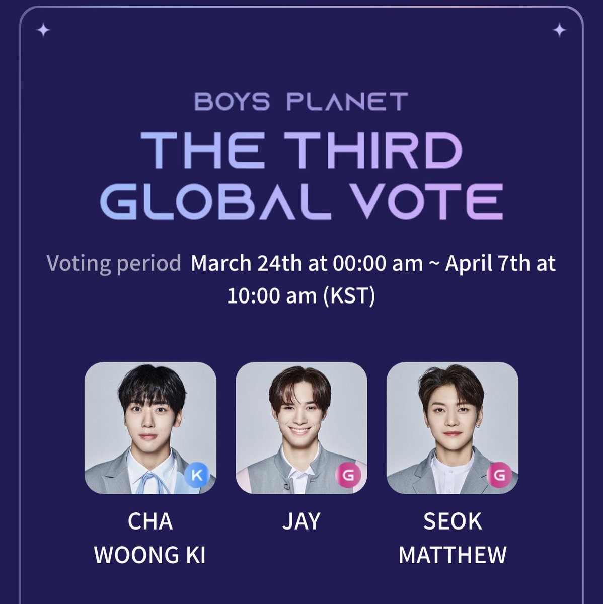 DreaRose20's tweet photo. Vote vote VOTE! #VoteJay #VoteSeokMatthew #VoteChaWoongKi #boysplanet #JayChang #SeokMatthew #ChaWoongKi #보μ΄μ¦νλλ https://t.co/BxOg5ukRCA