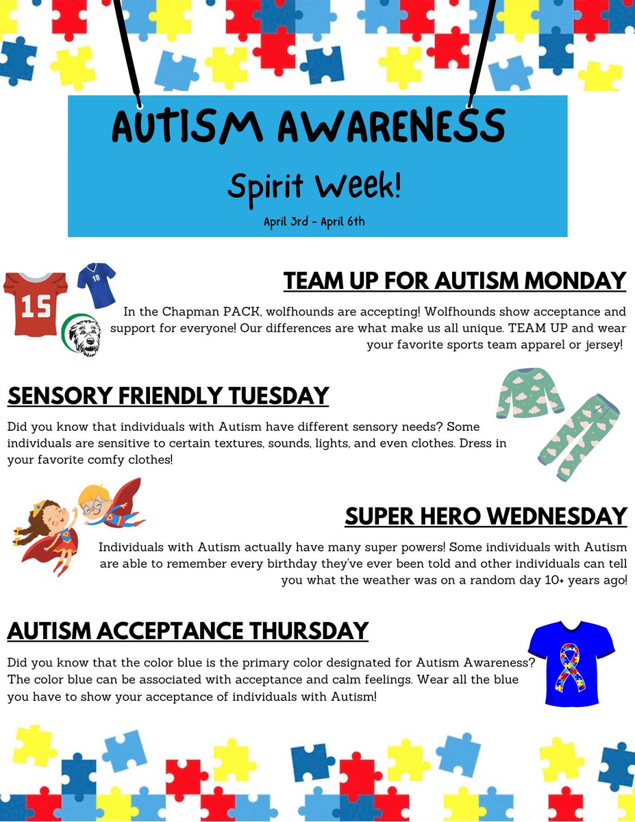 April is National Autism Awareness Month💙 Join us in participating in our Autism Awareness Spirit Week starting Monday, April 3rd!