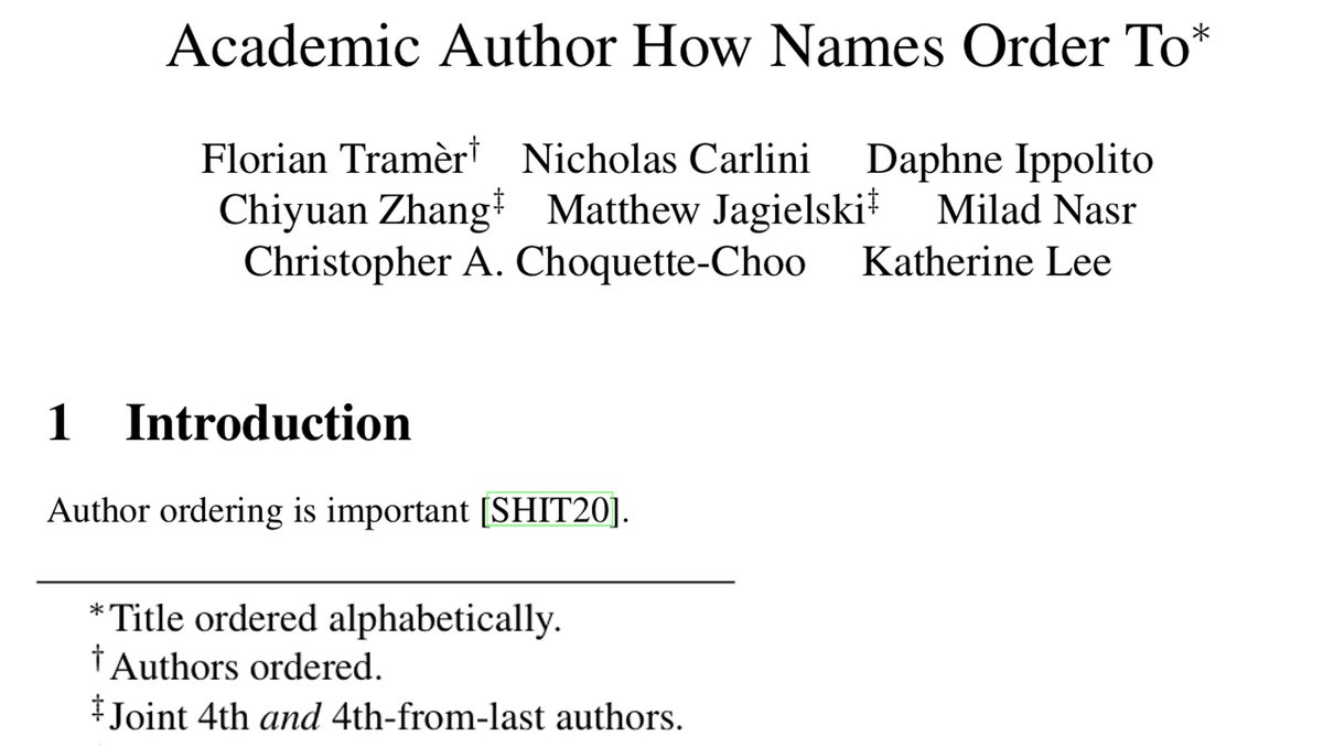 Author order on academic papers is important!
My Google friends and I spent lots of time thinking about this critical issue (the scores of our ICML submissions show this is time well spent)

We distill our findings for the community here:
floriantramer.com/docs/papers/Au…
Comments welcome!