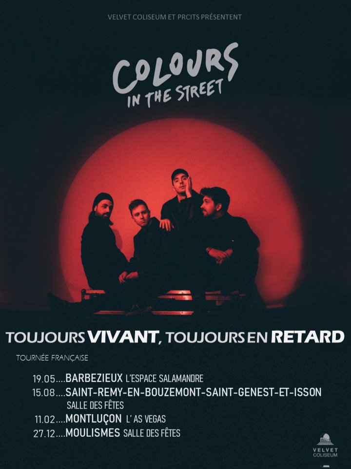 [EXCLU - TOURNÉE]

Incroyable mais vrai, <a href="/coloursmusic/">Colours in the Street</a> vient d'annoncer les premières dates de la tournée du fait d'un leak de <a href="/noerusseil/">Noé Russeil</a> 🥵

Hâte de découvrir l'album "Toujours vivant, toujours en retard" ! 📀

On vous retrouve sur quelle(s) date(s) alors ? 🥰