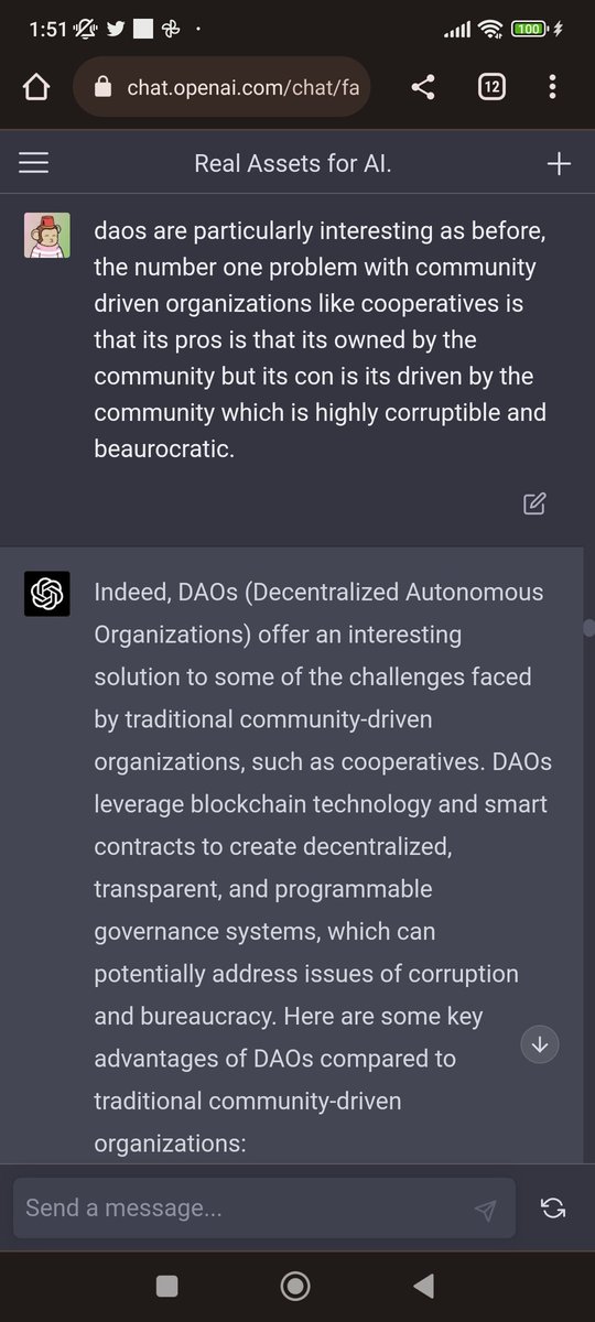 interesting late night convo with #gpt4 how in the future we community driven organizations could be managed by AI. How cool it would be to have <a href="/OnChainMonkey/">OnChainMonkey®</a> #ocmdao be the first ai managed dao?