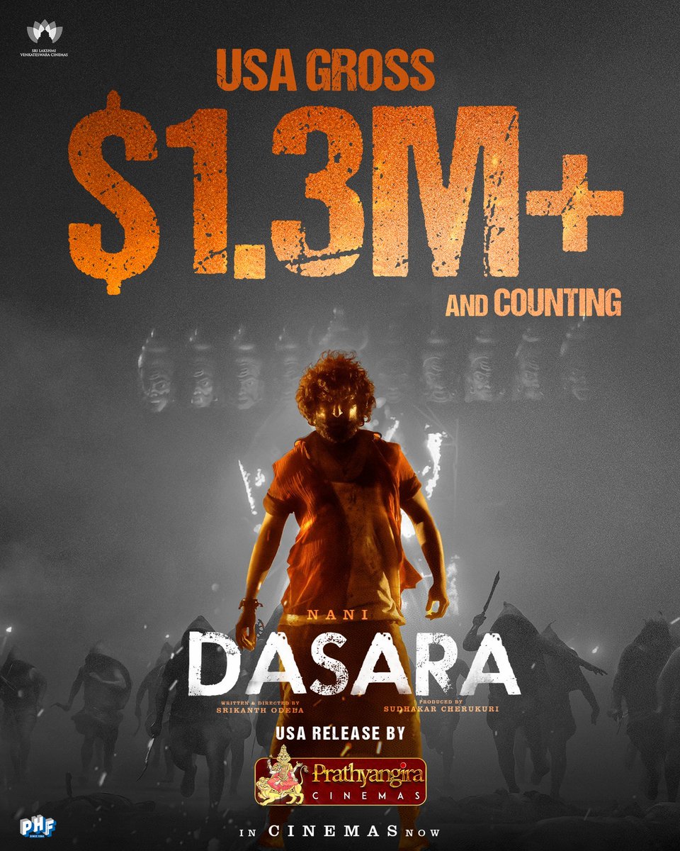 #Dasara is all set to become #Nani’s Biggest USA grosser, his 8th film to cross $1M mark. Will overtake the LT of other films soon.

⭐️#BBM $1.43M
⭐️#Jersey $1.32M
⭐️#Dasara $1.3M+ ✅
⭐️#NinnuKori $1.19M
⭐️#AnteSundaraniki $1.14M
⭐️#MCA $1.08M
⭐️#NenuLocal $1.07M
⭐️#Eega $1.02M