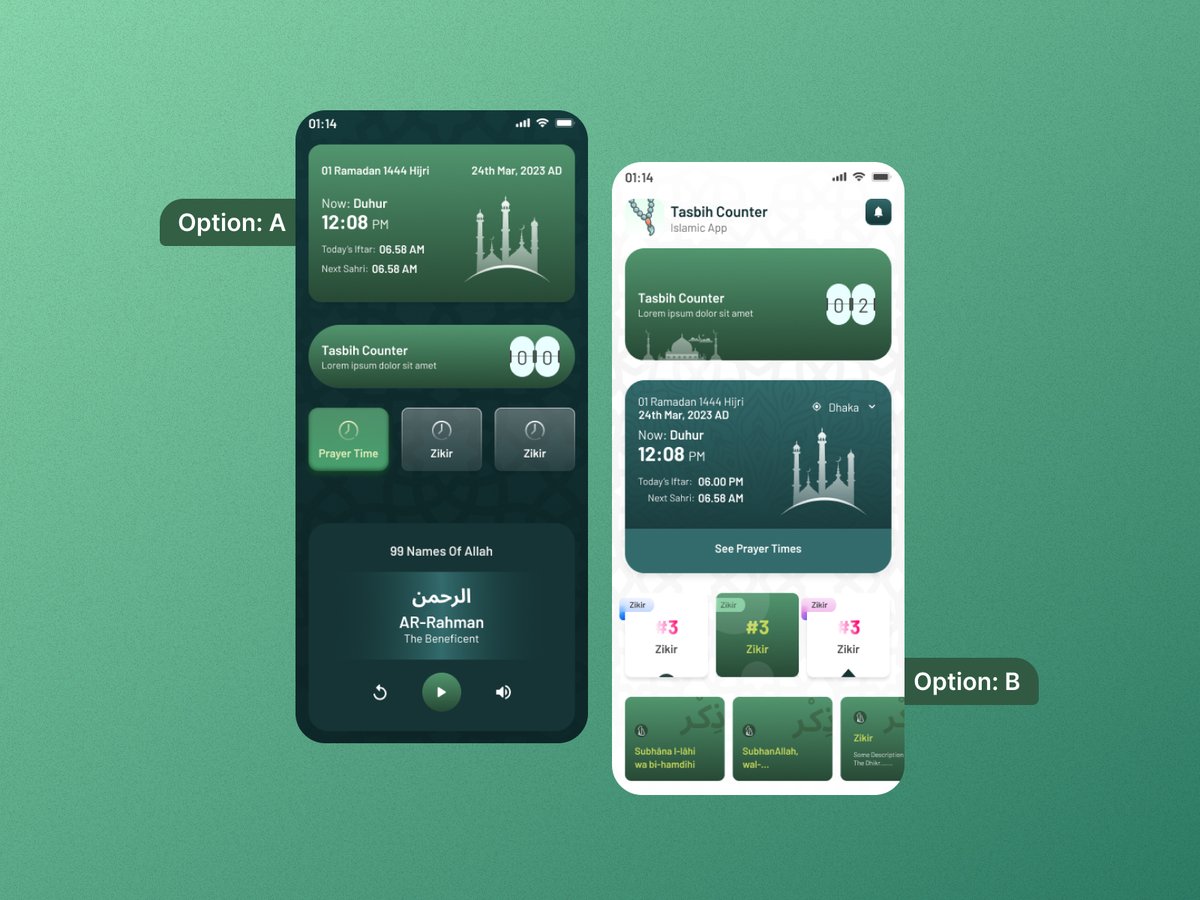 netrosystems's tweet photo. Which one you prefer as a UX perspective? Option A or B? This is an Islamic App that focus on some basic religious information.
.
.

#ab #abtest #abtesting #ux #uxdesign #uxdesigner #feedback #app #appui #appuiux #mobileapp #mobileappdesign #like https://t.co/p7fONOvg1f