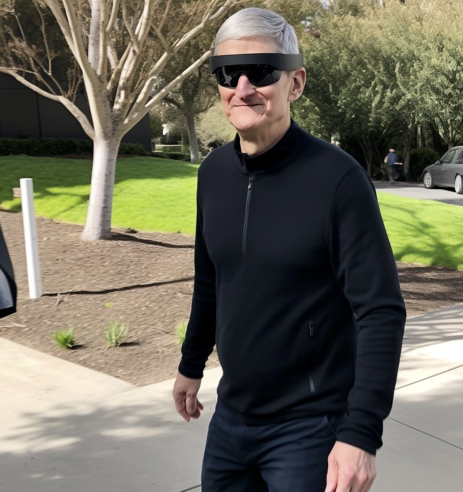 ostynhyss's tweet photo. BREAKING: Tim Cook has been spotted at Apple Park testing the unreleased Reality Pro headset. https://t.co/lPyHe8aZxL