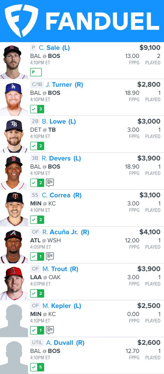 JakeOsterholt's tweet photo. 🚨April 1 Main Slate #FanDuel #mlb BONUS 2 LINEUPS TODAY🚨
RT + Like if using, tail at your own risk. 🔄❤️ Good luck! 🍀
Lineup created by #DFSPicksWithMath prototype optimizer. Follow to see building process and success rate of our #DFS optimizer. 👇 https://t.co/eIEizPjMrX