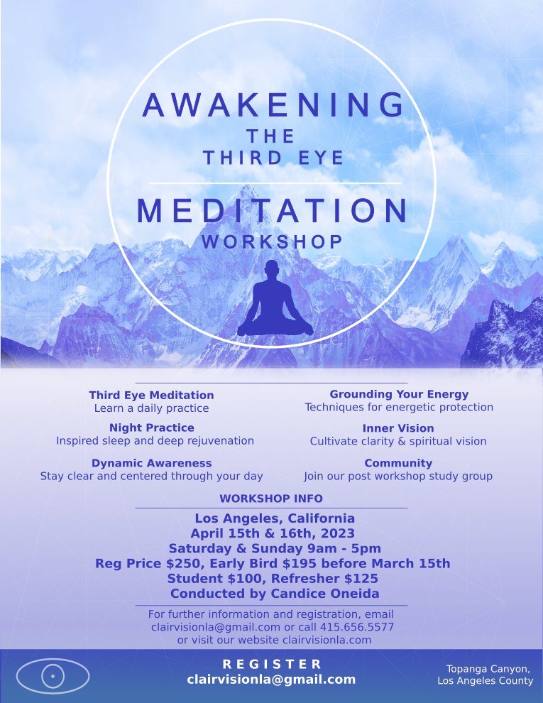 clairvision's tweet photo. Upcoming Awakening the Third Eye weekend workshop in Los Angeles! April 15th and 16th, 2023

Check out our website for more details: https://t.co/QzUBEEcjwM

#clairvision https://t.co/2yyWivrbu2