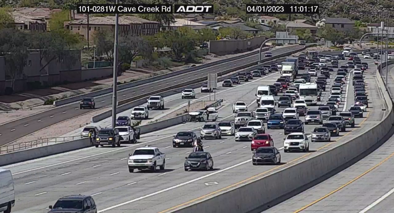 ArizonaDOT's tweet photo. Loop 101 Pima eastbound at Cave Creek Road: A crash is blocking the right lane.

#Loop101 #phxtraffic https://t.co/qcmI0jUL9t