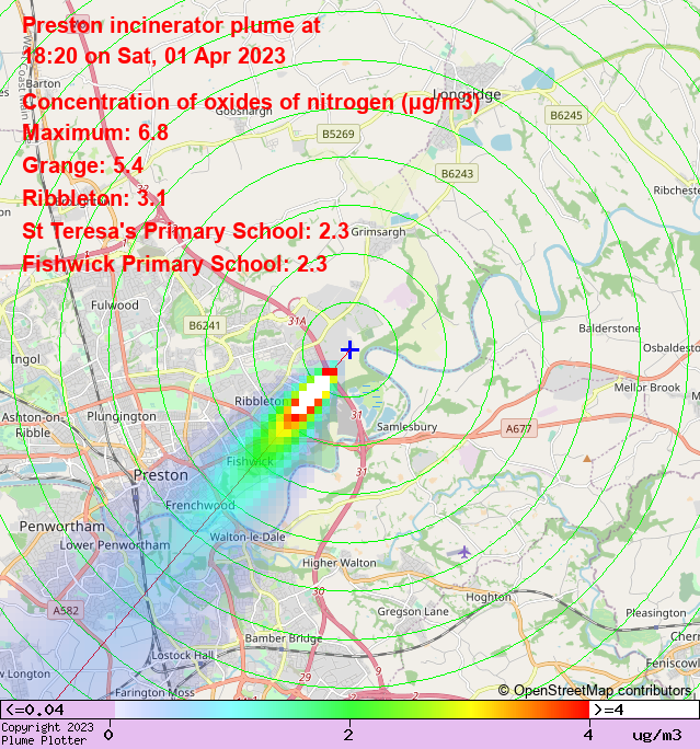 plumeplotter's tweet photo. Latest Preston incinerator plume plot, 18:20 01/04/23 #Grange #Ribbleton #Fishwick https://t.co/vYUTMnLQDm https://t.co/qX9qLEjm6Z