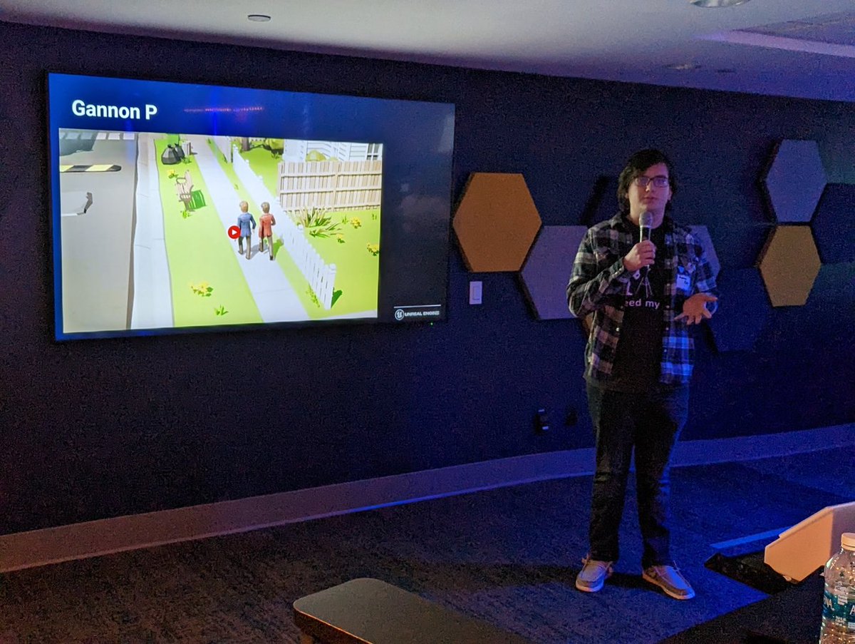 UCAGameDev's tweet photo. Juniors Jonathan and Gannon presenting their Epic E-waste animation challenge videos to a room full of NC animation teachers #EaglePride #UCAGameDev https://t.co/YMQQOMpiV5