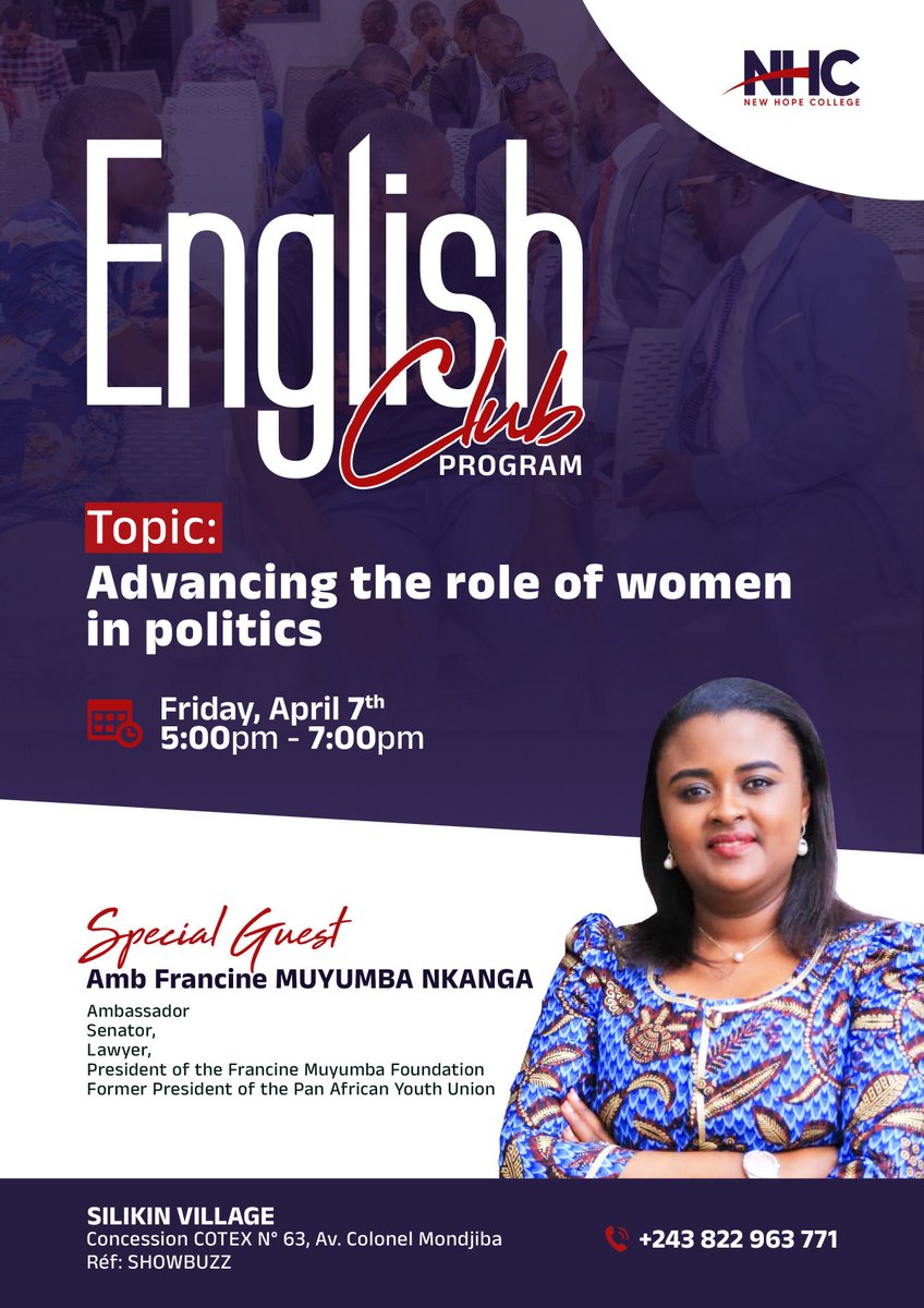 NewHopeCollege1's tweet photo. New Hope College is hosting the Senator ⁦@Muyumba⁩ this Friday, April 7th in our new program “Tell Us More” where she will talk about “ Advancing the role of women in politics”.

Apply here : https://t.co/OMJLmFg3Bg

📍 : Silikin Village
⏰: 5:00- 7:00
📞: 0822963771 https://t.co/c7uvepm5A8