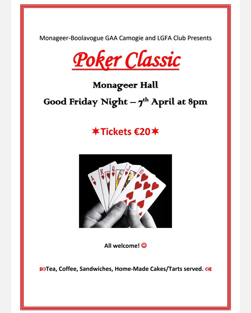 MonageerBoolGAA's tweet photo. Our Poker Classic is back. Please join us next Friday night at 8pm in Monageer Hall. https://t.co/59e2rW2NEQ