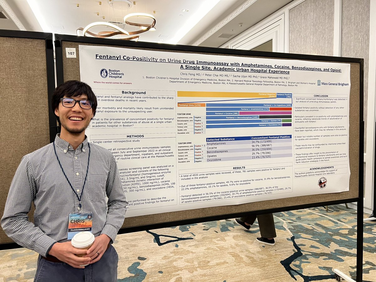 Harvard_Tox's tweet photo. Tox fellow Dr. Chris Feng on urine fentanyl positivity and co-positivity with other substances of abuse. Collaboration with @MassGenBrigham pathology labs #acmt2023 #hmstox https://t.co/ELlZ5y0Yn9