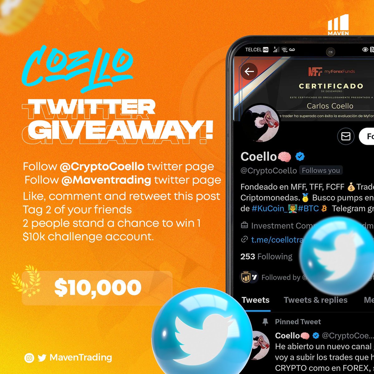 coellotrader's tweet photo. Sorteo de x2 10.000$ evaluaciones de fondeo con @Maventrading ⬇️

Requisitos: 🤝
-Seguir a @CryptoCoello y @Maventrading 
-LIKE, RT
-Menciona a 2 amigos

Ganador el 4 de Abril, good luck!🍀🍀 https://t.co/bx8jpXDALV