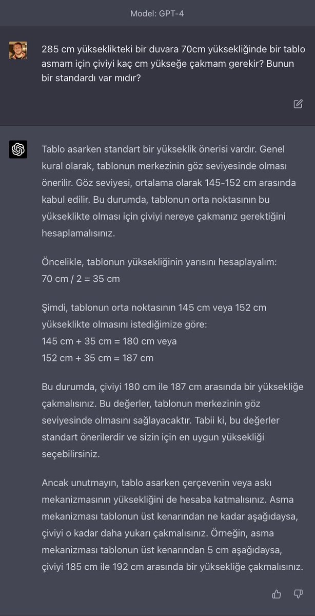 Duvara tablo asacaktım, çiviyi tam nereye çaksam ideal olur diye GPT-4’e sordum: