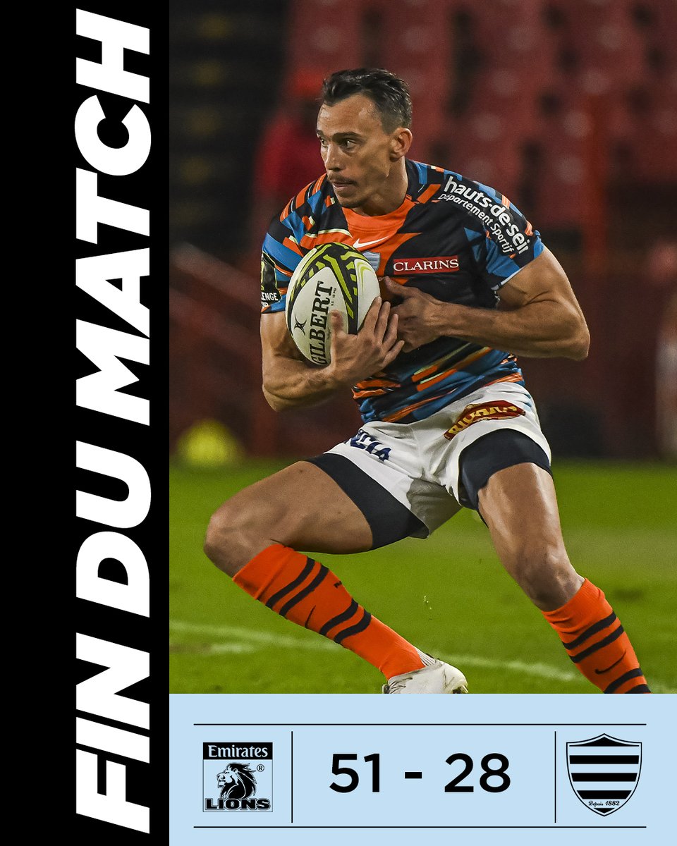 racing92's tweet photo. ⌚️ FT |  📼 #LIOvR92

Live | fin du match &amp; lourde défaite des Racingmen 

Dear @LionsRugbyCo congrats for your win &amp; we wish you the best for the rest of the @ChallengeCup_

Merci à nos supporters qui nous ont suivi jusqu'en AF et à ceux devant la télé 🫶

| 🦁 | 51 - 28 | 🐘 | https://t.co/Xi5EB6hhDi