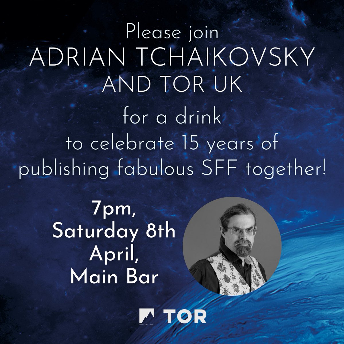 JamieLeeNardone's tweet photo. Heading to #EasterCon23?
Join @UKTor and @aptshadow at the bar for a celebratory drink!
Adrian is an @Eastercon Guest of Honour and celebrating 15 years of publishing with Tor! #EasterCon https://t.co/MHRMkP7veH