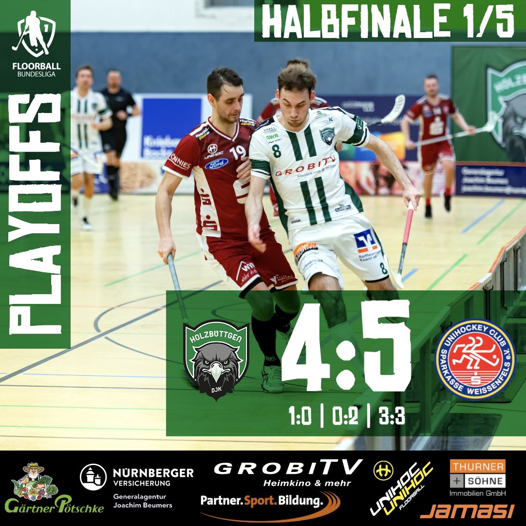 Im ersten Halbfinalduell gegen den UHC Weißenfels unterliegt die DJK mit 4:5. Über 270 Zuschauer in der Stadtparkhalle Kaarst verfolgten das spannende Match.
Für Spiel 2 und 3 der Best-Of-Five-Serie geht es nächste Woche nach Weißenfels.