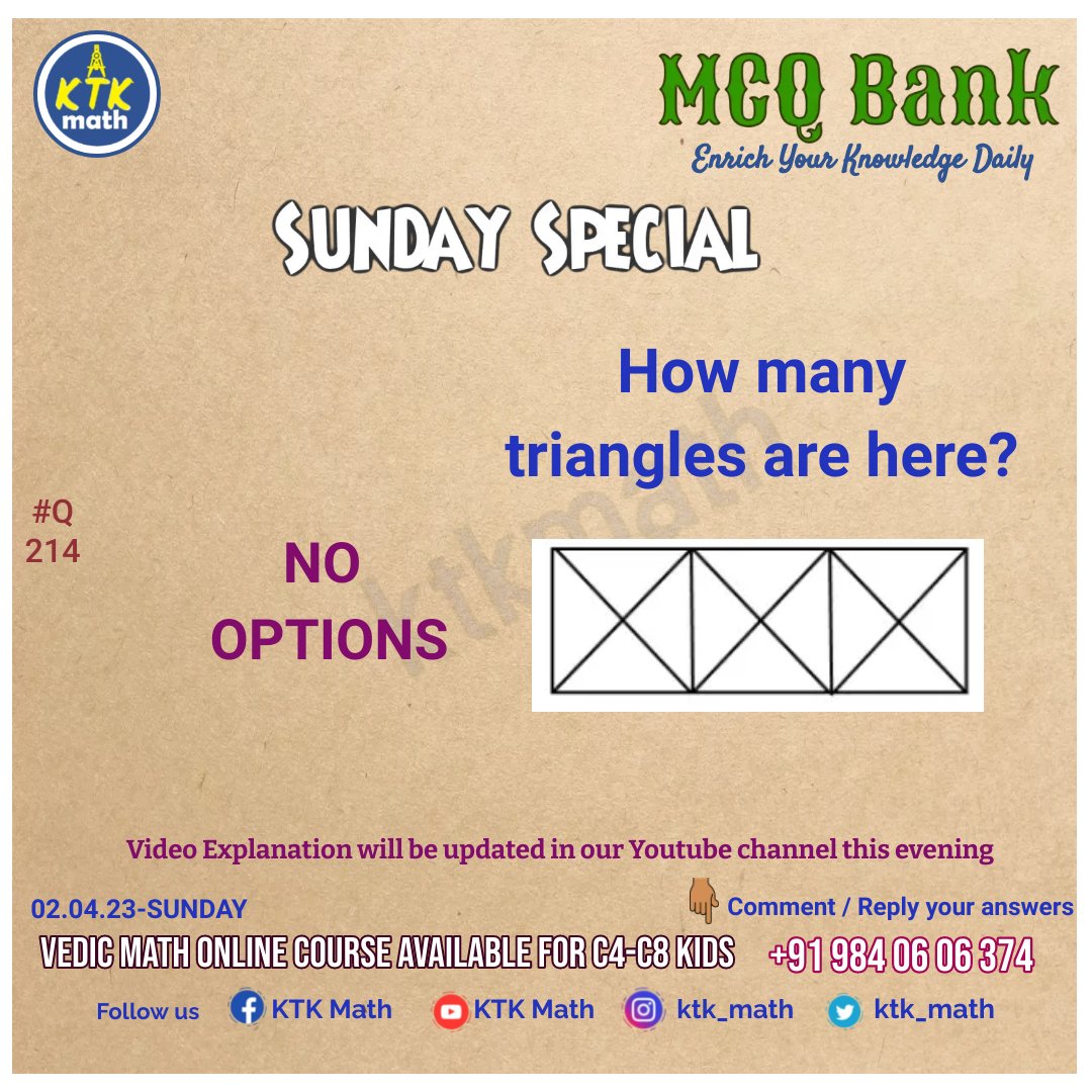 tn_examprep's tweet photo. Hai... Can you give a try here?
#Q214 #MCQ #Math #mathisfun #mcq #maths #mathematics #mathGPT #mathmcq #puzzle #dailypuzzle #mathpuzzle #mathsmcq #mathforlife #everydaymath #ktkmath #brainteaser #riddle #puzzles #puzzleday #mathpuzzles #vedicmath #onlinecourse https://t.co/QjhPs2WCIE