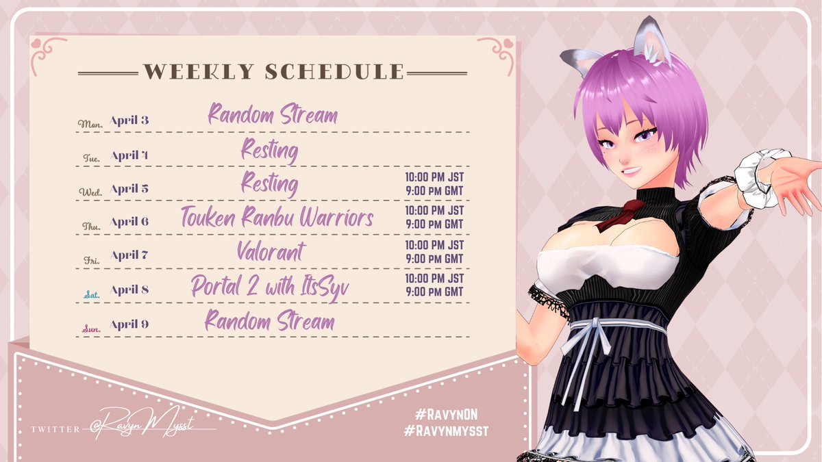 Ravynmysst's tweet photo. 𝓦𝓮𝓮𝓴 𝓢𝓬𝓱𝓮𝓭𝓾𝓵𝓮: April 3 - Apirl 9

New schedule this week with new adjustments 😅

General: #RavynMysst
Live: #RavyOn
Art: #RitzyRav 

See you there!  Mwuah mwuah~ 💜

#Vtubers #Vtuber #VtuberUprsing #VtubersEN #PHVtuber #VtuberPH https://t.co/hUpccuVoKp