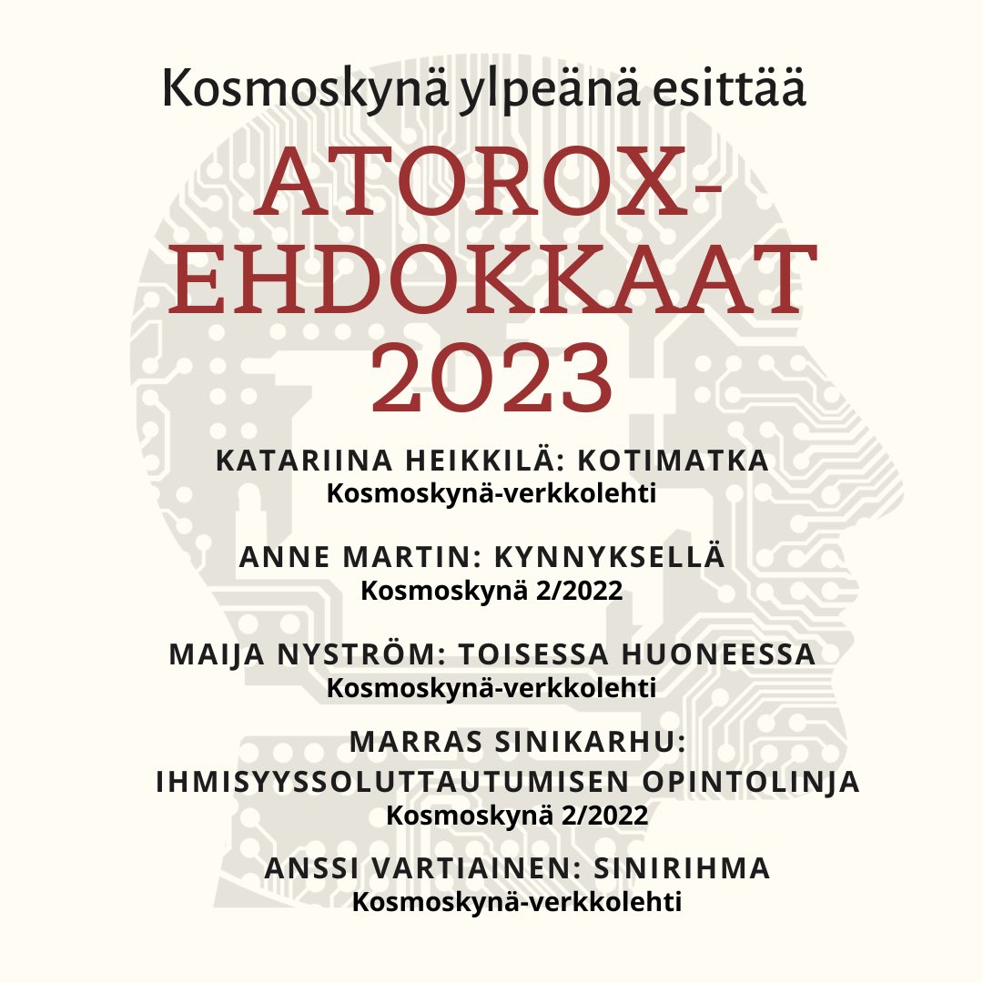 kosmoskyna's tweet photo. Tämän vuoden Atorox-lyhytlistalla on useita ehdokkaita Kosmoskynästä. Kosmoskynä onnittelee ehdokkaita! #atorox #spefi https://t.co/LtQJD6E0WE
