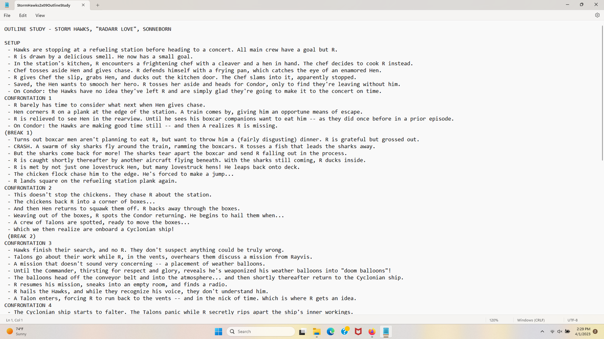 JessGetAnimated's tweet photo. Since I've been fleshing out one of my #script outlines, I decided to see what I could learn from breaking down the outline of a #StormHawks episode. It's amazing to realize how complex even a comedy-centered episode can be! #AnimationWriting https://t.co/yR7flhVi52