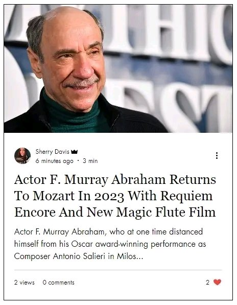 MozartCircle's tweet photo. #MozartCircle @MozartCircle
has just subscribed to
Great #Mozartian @davislsherry
#SubscriptionProgram
Site https://t.co/wnchwRxIMn
will also be included in #Subscription! #ff
@DavisASheryl
This Month with #Sal... ehm #FMurrayAbraham!
Read it at https://t.co/rK7Lg70gSa! https://t.co/AVa7RHTu7y