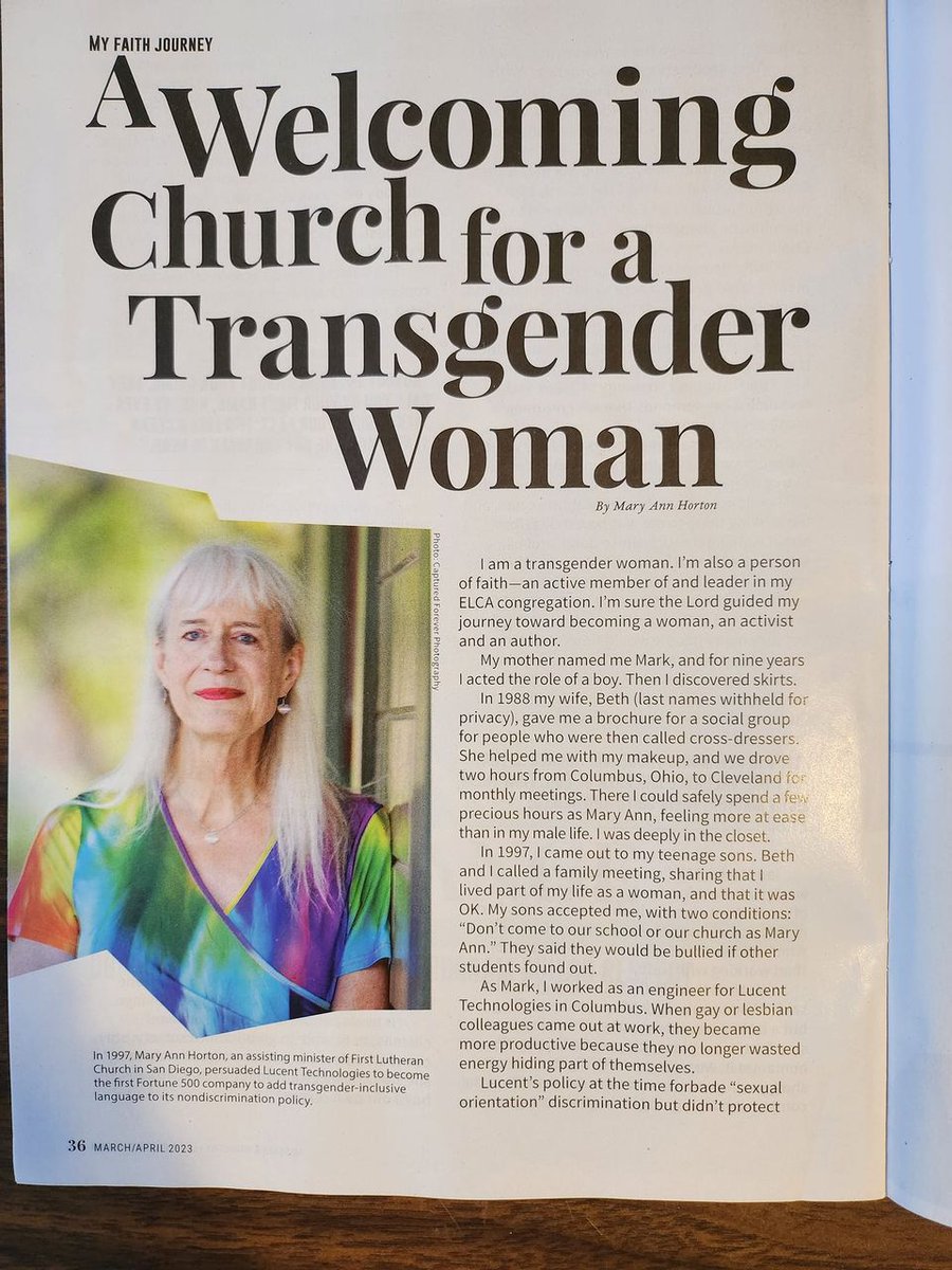 paulinepark's tweet image. Mary Ann Horton has found acceptance in the Evangelical Lutheran Church in America (#ELCA) &amp;amp; tells her story in the synod's magazine, "Living Lutheran": it's good to see #transgender acceptance making progress in one of the largest Protestant denominations
livinglutheran.org/2023/03/my-fai…