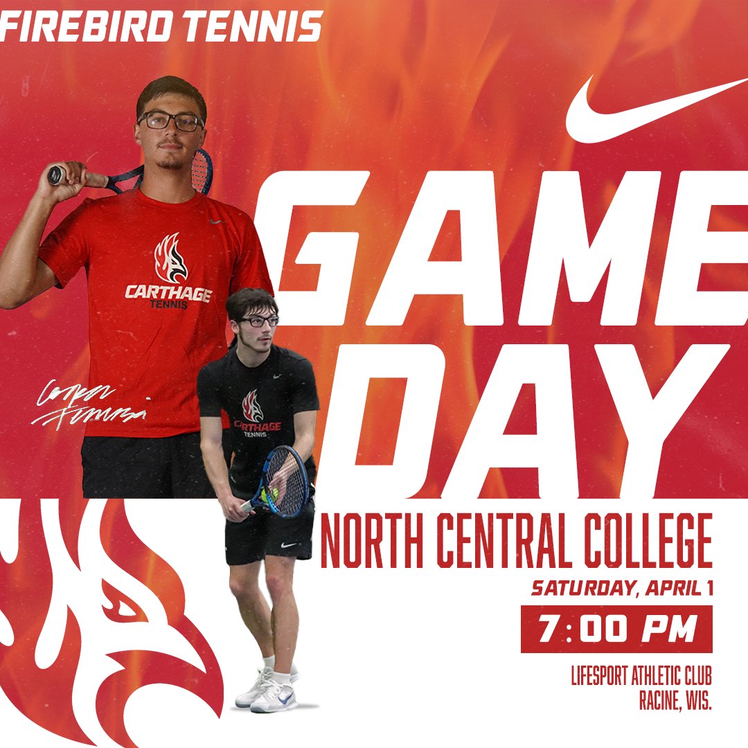 🔥 GAMEDAY 🔥

Men's volleyball isn't the only team taking on North Central in a huge match today... 

<a href="/Carthage_Tennis/">Carthage Tennis</a> hosts the Cardinals for a MASSIVE match in its conference opener 🔥 

🗓 Apr. 1 
⏰️ 7:00 p.m. 
📍 LifeSport Athletic Club | Racine, Wis. 

#FuelTheFlame