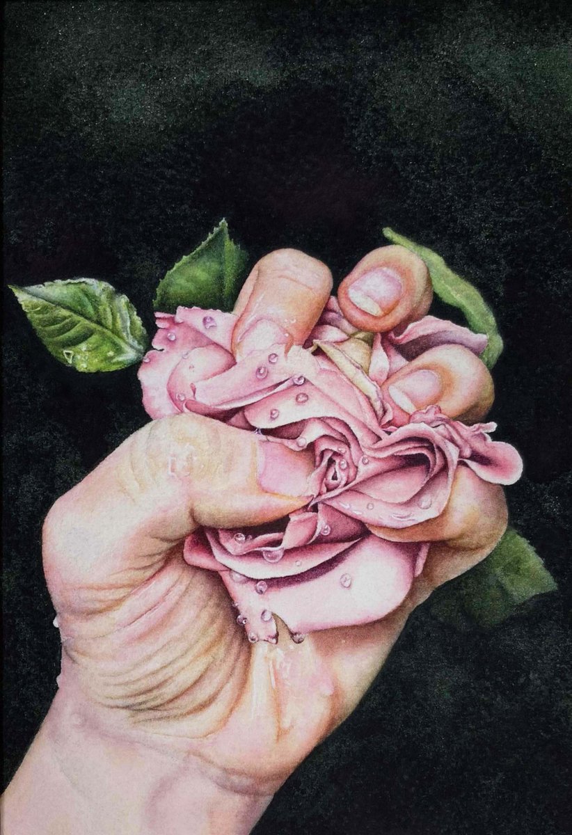 The painting "Crushed Illusions" depicts a delicate rose held in a tight fist that threatens to crush the delicate petals. The rose is a symbol of love and beauty, but the clenched fist suggests the fragility and transience of such feelings. #Watercolour