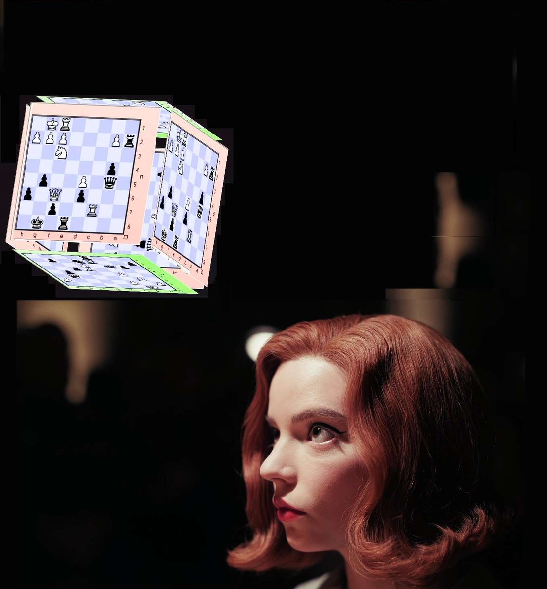 NetflixTheQG's tweet photo. Beth Harmon contemplating the world's most challenging chess puzzle trainer, @chessmastercube https://t.co/R4goQHx28i