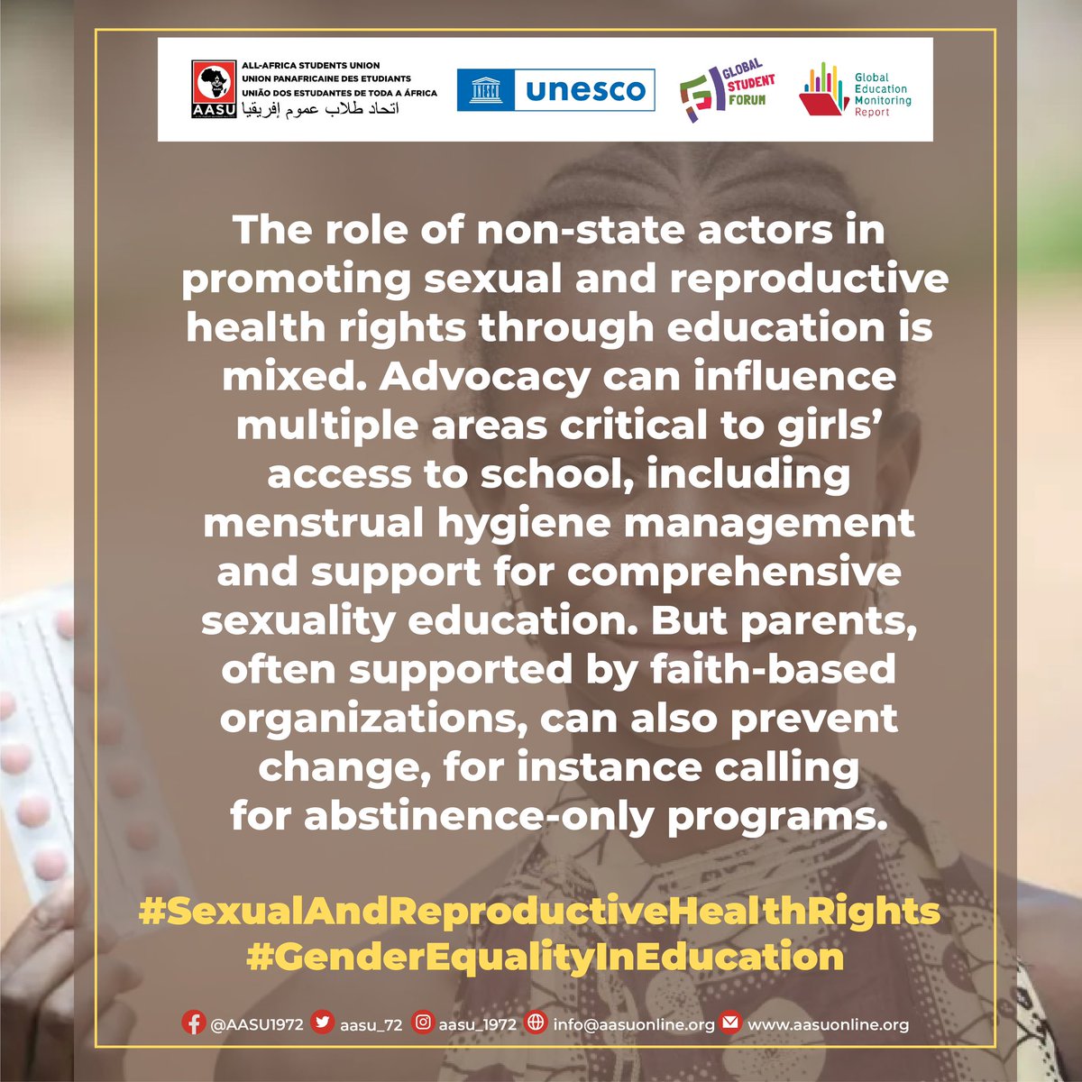 aasu_72's tweet photo. Non-State Actors in the Fight for Sexual and Reproductive Health Rights in Education: A Tale of Advocacy and Resistance. #SexualAndReproductiveHealthRights #GenderEqualityInEducation
Read more here: https://t.co/gQ9BBsvLlR https://t.co/cZH9J6tXb1